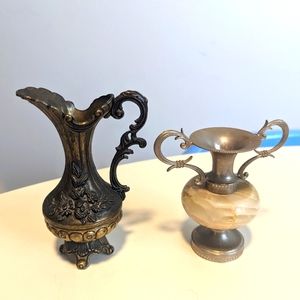 Vintage Brass & Onyx Miniature Flower Vase and Italian Brass Floral Vase Pitcher